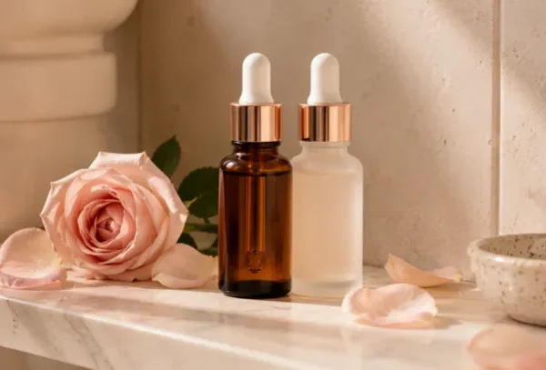 Yan yana retinol ve niacinamide serum şişeleri